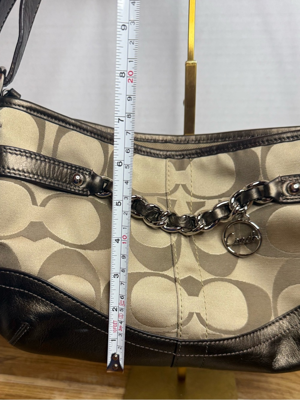 Coach F19724 Signature Jacquard Shoulder Bag Champagne Bronze Chain Charm EUC - Picture 15 of 16
